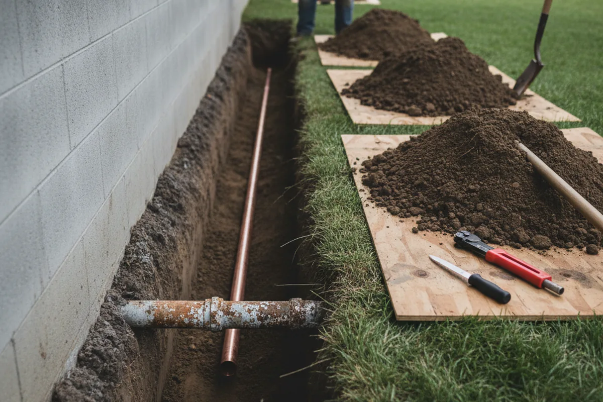 Excavated water line trench during Sewer Line Repair in Waycross